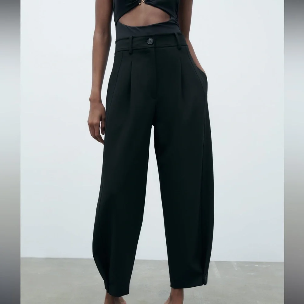Zara Black Linen Blend Tapered Pants XL